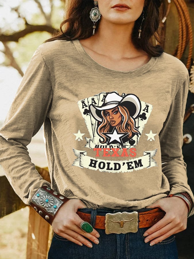 Women's Country Music Texas Hold 'Em Queen B Beyhive Cowgirl Casual Long-Sleeve T-Shirt