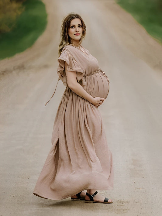 Khaki Bohemian Drawstring Single Breasted Maternity Photoshoot Baby Shower Maxi Dress