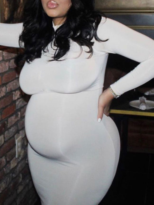 White High Neck Long Sleeve Bodycon Cute Baby Shower Maternity Midi Dress