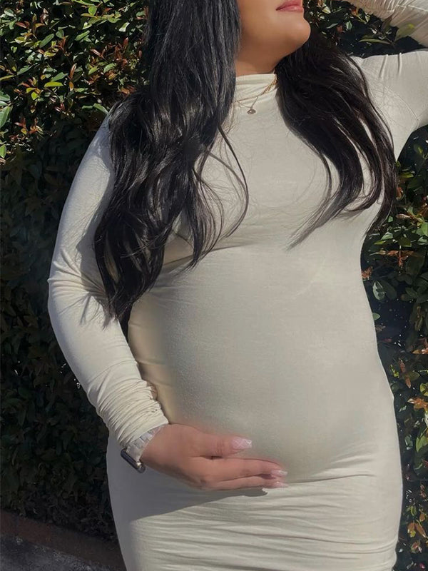 White High Neck Long Sleeve Bodycon Cute Baby Shower Maternity Midi Dress