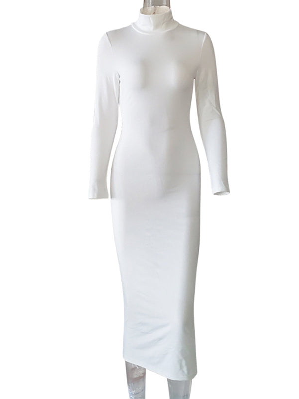 White High Neck Long Sleeve Bodycon Cute Baby Shower Maternity Midi Dress