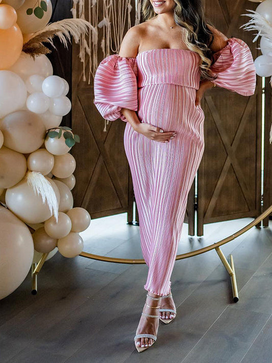 Pink Off Shoulder Bandeau Ribbed  Pleated Bodycon Puff Sleeve Evening Gown Baby Shower Maternity Maxi Dress