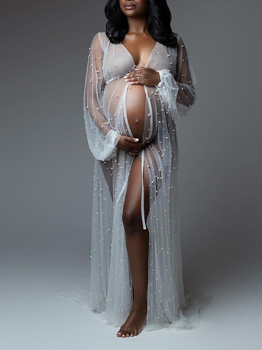 White Mesh Pearl Sashes Robe Puff Sleeve Photoshoot Maternity Maxi Dress