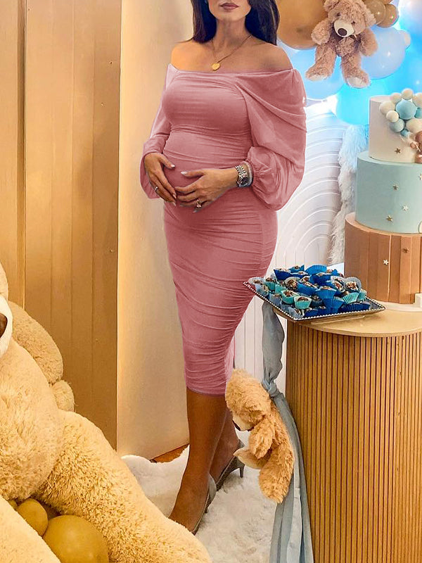 Mesh Ruched Off Shoulder Lantern Sleeve Square Neck Bodycon Elegant Party Maternity Photoshoot Baby Shower Midi Dress