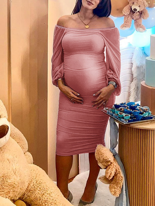 Mesh Ruched Off Shoulder Lantern Sleeve Square Neck Bodycon Elegant Party Maternity Photoshoot Baby Shower Midi Dress