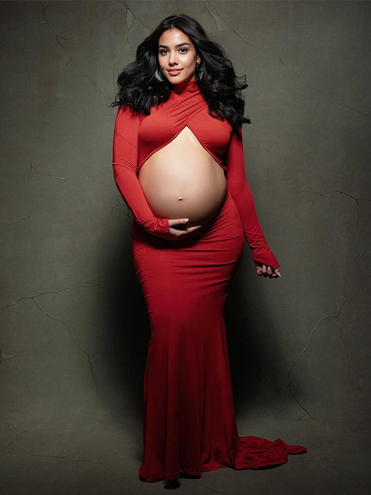 Red Cross Front Crop Cut Out Backless Mermaid Bodycon Photoshoot Maternity Maxi Dress