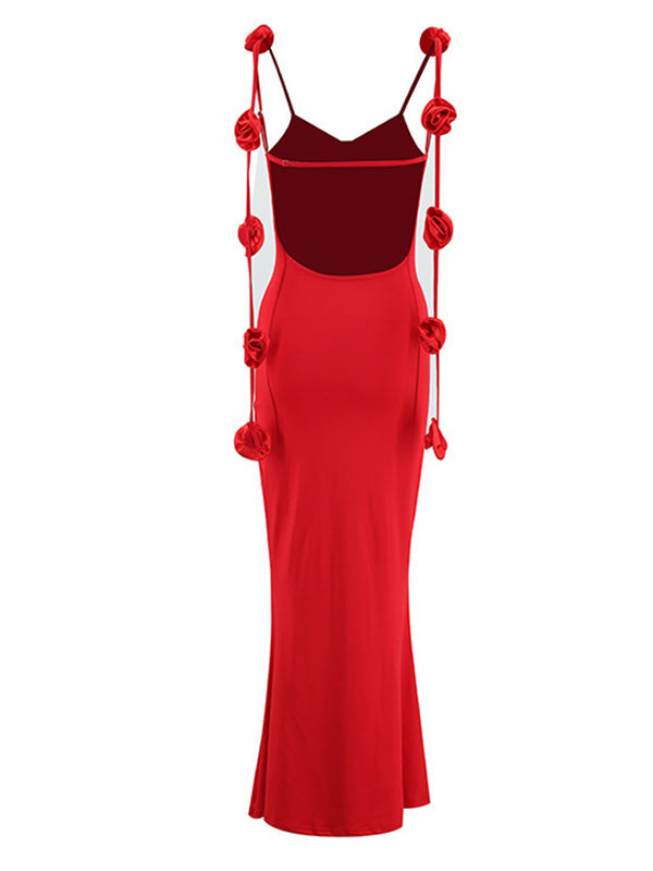 Red Backless 3D Flower Cascading Ruffle Spaghetti Strap Cami Mermaid Bodycon Party Photoshoot Maternity Maxi Dress