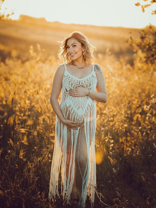 White Crochet Hollow Out Tassel Tank Backless Flowy Beach Vacation Cover Up Sheer Maternity Boho Photoshoot Maxi Dress