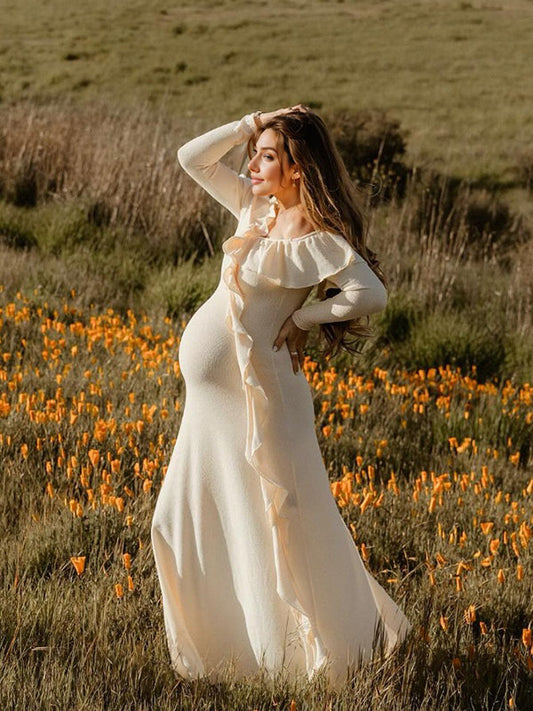 Apricot Off Shoulder Side Slit Ruffle Falbala Draped Elegant Going Out Maternity Photoshoot Baby Shower Maxi Dress