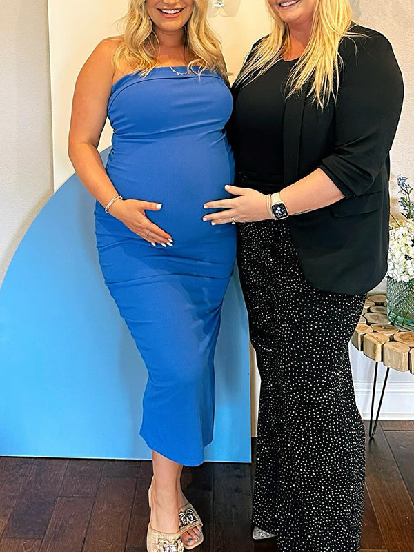 Blue Knit Bandeau Side Slit Strapless Bodycon Eleagnt Going Out Maternity Photoshoot Baby Shower Maxi Dress