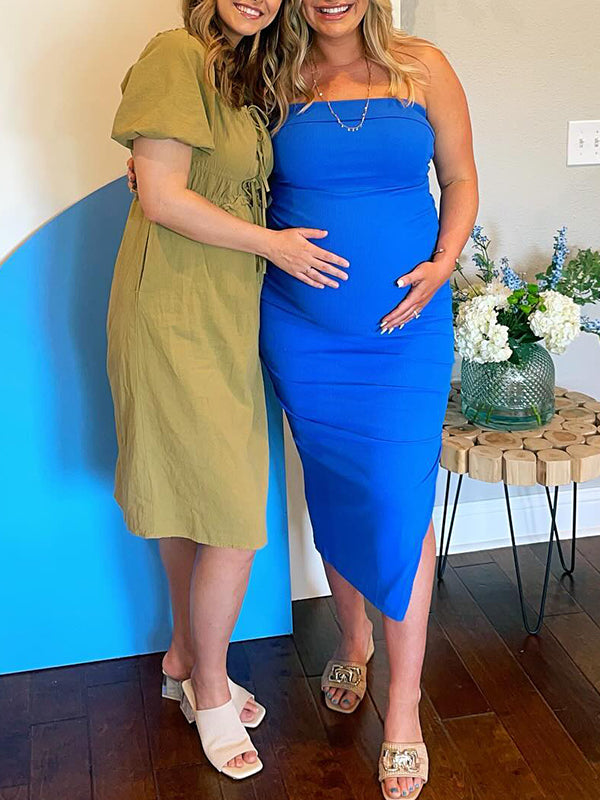 Blue Knit Bandeau Side Slit Strapless Bodycon Eleagnt Going Out Maternity Photoshoot Baby Shower Maxi Dress