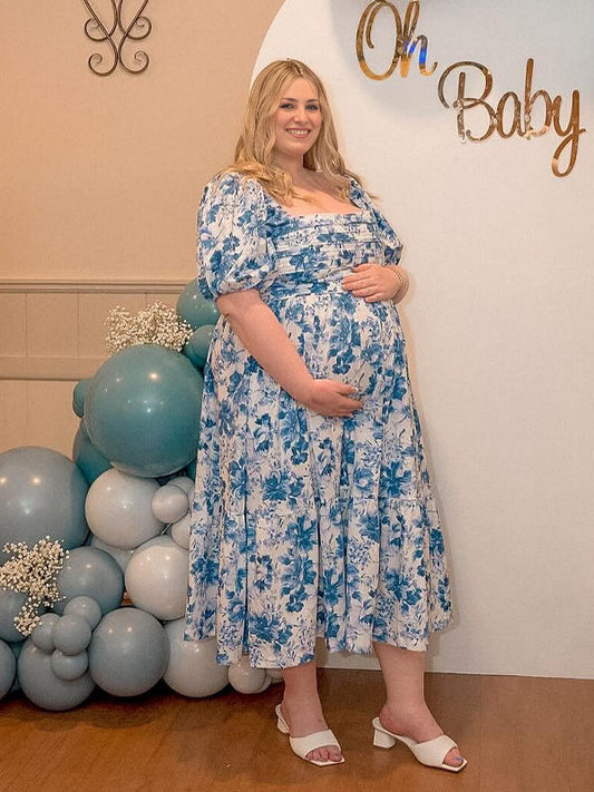 Floral Print U-Neck Cascading Ruffle Elegant Baby Shower Maternity Maxi Dress