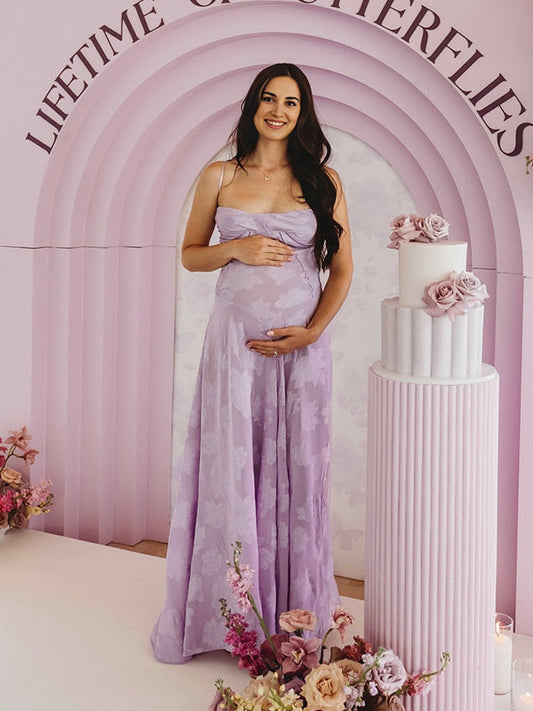 Violet Spaghetti Strap Backless Tie Back Big Swing Drawstring Baby Shower Maternity Maxi Dress