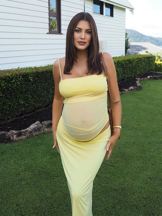 Yellow 2-in-1 Sheer Mermaid Bodycon Fashion Vacation Party Photoshoot Baby Shower Maternity Maxi Dress