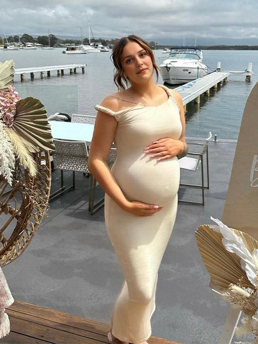 Apricot Irregular Side Slit Asymmetric Shoulder Bodycon Elegant Babyshower Dress Photoshoot Maternity Maxi Dress