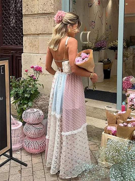 Pink Lace Floral Backless Tie Ruffle Photoshoot Gender Reveal Baby Shower Maternity Maxi Dress