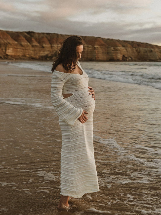 White Side Cut Out Knit Flare Sleeve Beach Vacation Photoshoot Baby Shower Maternity Maxi Dress