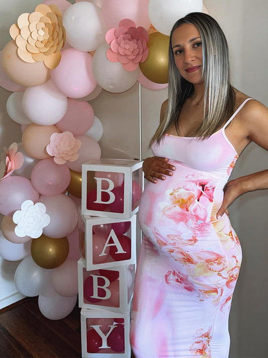 Pink Flowers Hit Color Bodycon Gender Reveal Baby Shower Maternity Maxi Dress