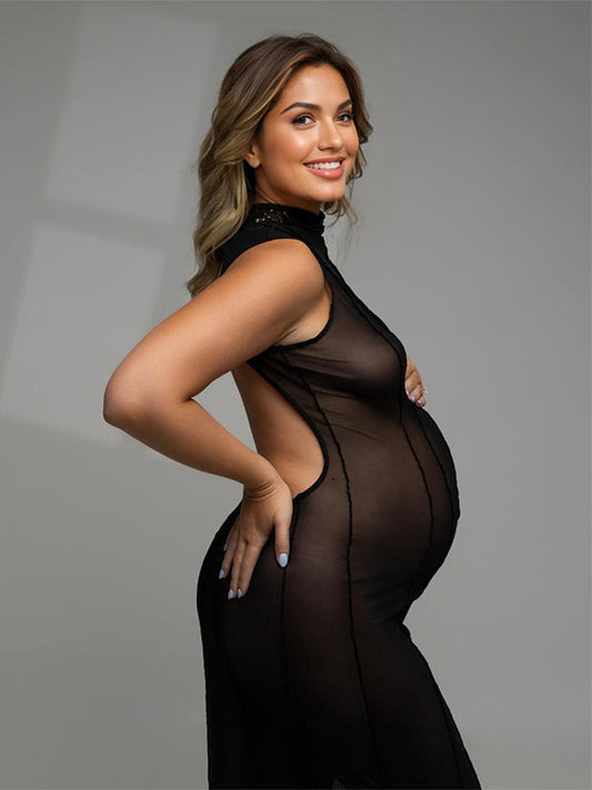 Black Sheer Backless Band Neck Bodycon Club Fashion Elegant Photoshoot Maternity Maxi Dress