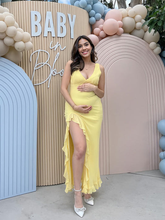 Yellow Ruffle Side Slit Flowy V-neck Bodycon Cute Baby Shower Maternity Maxi Dress