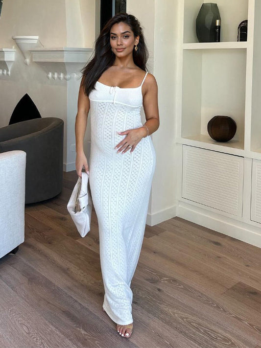 White Crochet Cut Out Tie Back Slit Cami Bodycon Daily Cute Baby Shower Elegant Photoshoot Maternity Maxi Dress