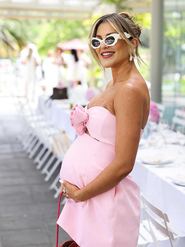 Pink 3D Flowers Cut Out Crop Strapless Bandeau A-line Sweet Party Maternity Photoshoot Baby Shower Mini Dress