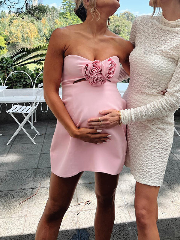 Pink 3D Flowers Cut Out Crop Strapless Bandeau A-line Sweet Party Maternity Photoshoot Baby Shower Mini Dress