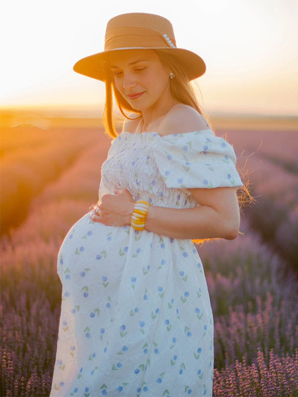 Blue Off Shoulder Flowers Puff Sleeve Boho Cute Baby Shower Photoshoot Maternity Midi Dress