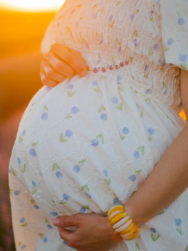 Blue Off Shoulder Flowers Puff Sleeve Boho Cute Baby Shower Photoshoot Maternity Midi Dress