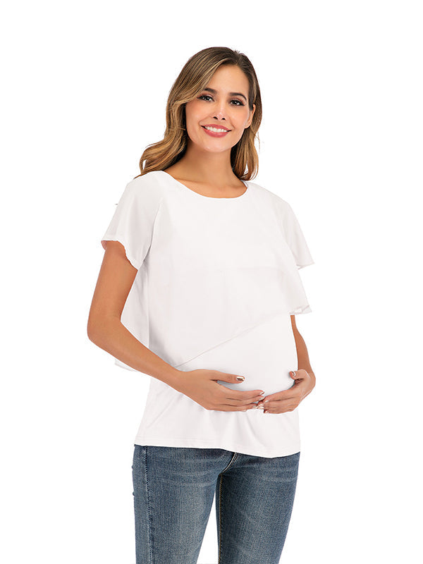 Solid Color Chiffon Ruffle Falbala Round Neck Short Sleeve Breastfeeding T-shirt Basic Going Out Daily Maternity Nursing Top