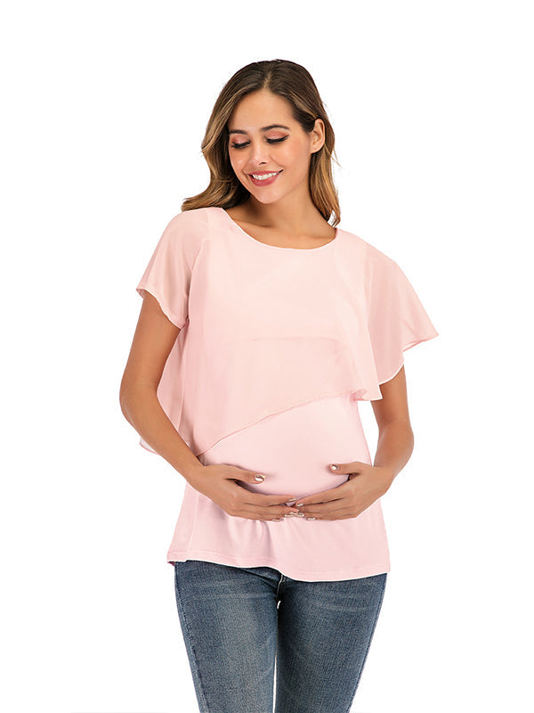 Solid Color Chiffon Ruffle Falbala Round Neck Short Sleeve Breastfeeding T-shirt Basic Going Out Daily Maternity Nursing Top