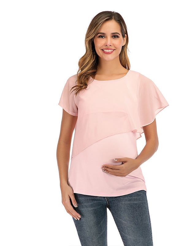 Solid Color Chiffon Ruffle Falbala Round Neck Short Sleeve Breastfeeding T-shirt Basic Going Out Daily Maternity Nursing Top