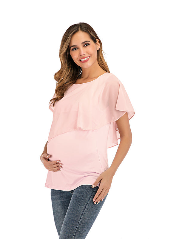 Solid Color Chiffon Ruffle Falbala Round Neck Short Sleeve Breastfeeding T-shirt Basic Going Out Daily Maternity Nursing Top