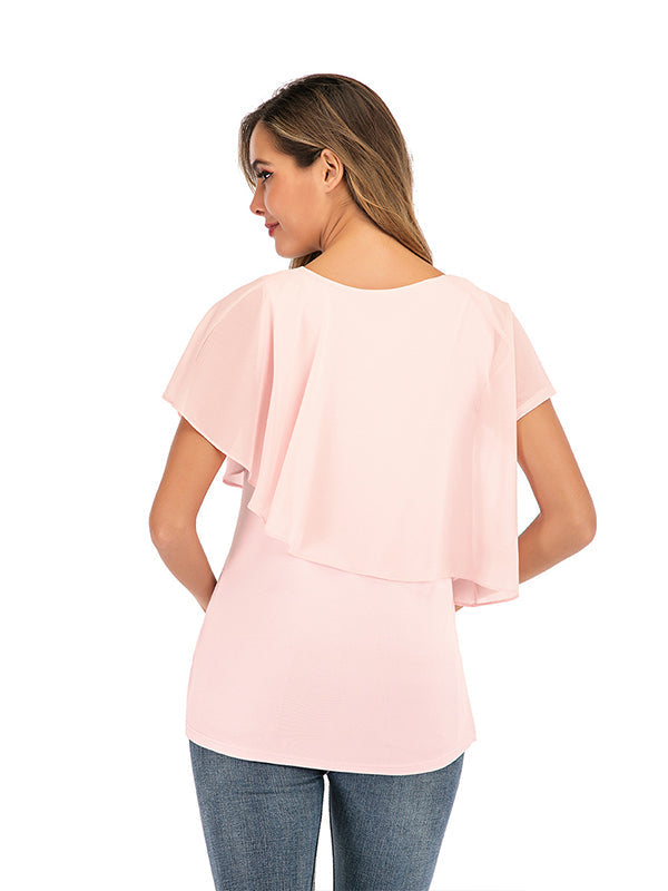 Solid Color Chiffon Ruffle Falbala Round Neck Short Sleeve Breastfeeding T-shirt Basic Going Out Daily Maternity Nursing Top