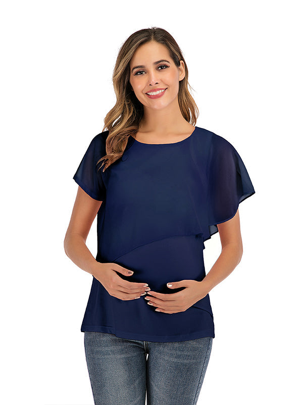 Solid Color Chiffon Ruffle Falbala Round Neck Short Sleeve Breastfeeding T-shirt Basic Going Out Daily Maternity Nursing Top