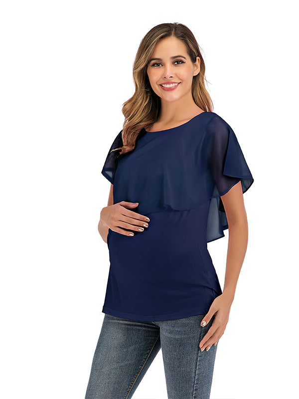 Solid Color Chiffon Ruffle Falbala Round Neck Short Sleeve Breastfeeding T-shirt Basic Going Out Daily Maternity Nursing Top