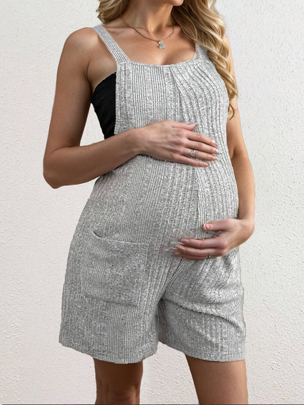 Solid Color Knitted Pockets Sleeveless Rompers Shorts Overalls Casual Maternity Jumpsuit