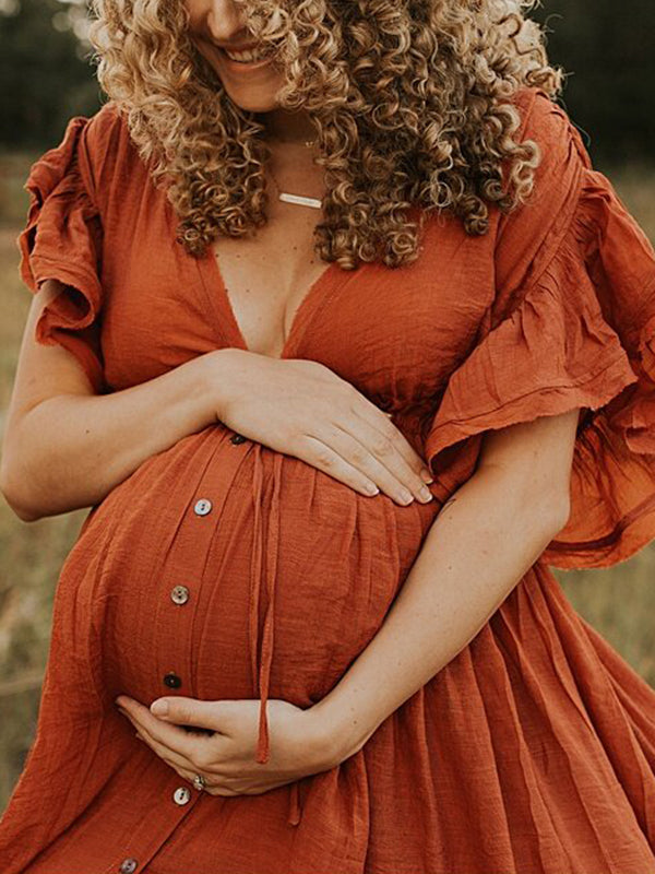 Single Breasted Drawstring Ruffle Tie Back Red Maternity Photoshoot Maxi Dress