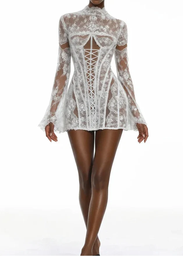 Sheer Lace Corset High-Neck Waist-Cinched Mini Dress