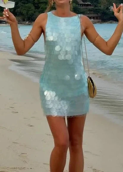 Light Blue Large Sequin Backless Vacation Mini Dress