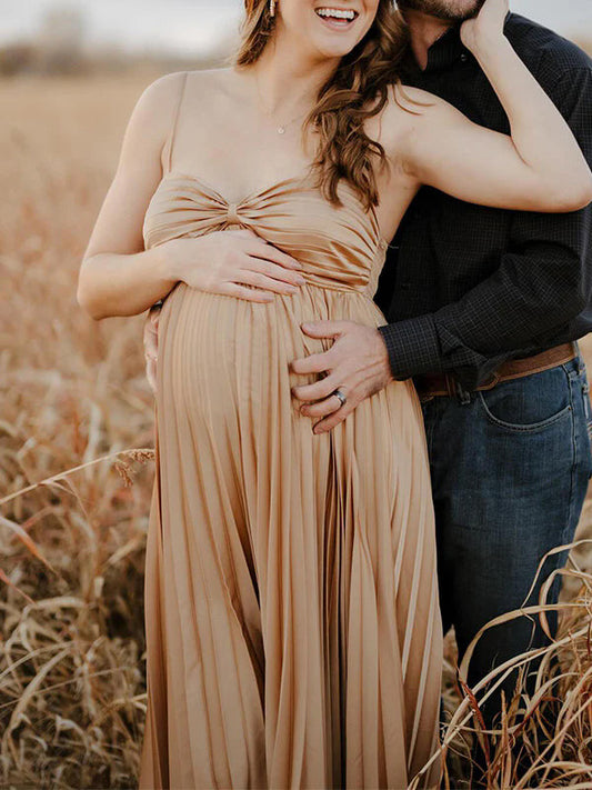 Apricot Pleated Irregular Spaghetti Strap Backless Front Cross Photoshoot Maternity Maxi Dress