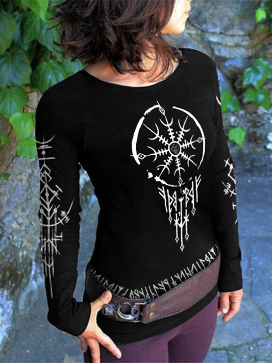 Tribal Totem Text Printed Round Neck Long Sleeved T-Shirt