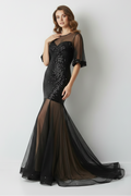 Black Sequin Beaded Mesh Cape Sleeve Mermaid Gown front view