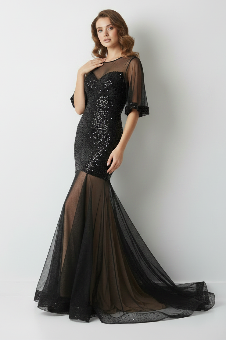 Black Sequin Beaded Mesh Cape Sleeve Mermaid Gown front view