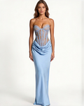 Light Blue Strapless Lace Sheer Corset Lace-Up Backless Draped Satin Mermaid Evening Gown