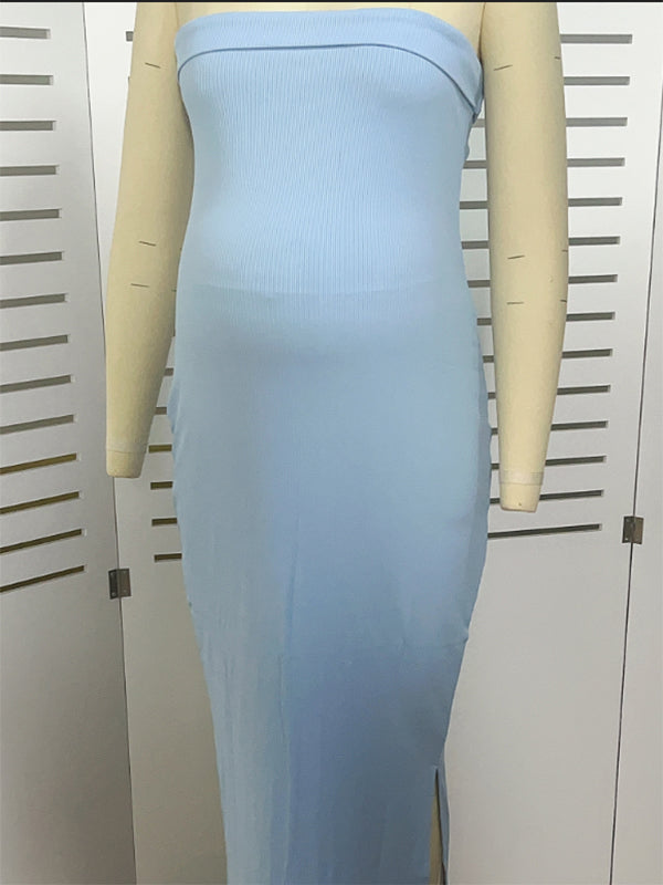 Blue Knit Bandeau Side Slit Strapless Bodycon Eleagnt Going Out Maternity Photoshoot Baby Shower Maxi Dress