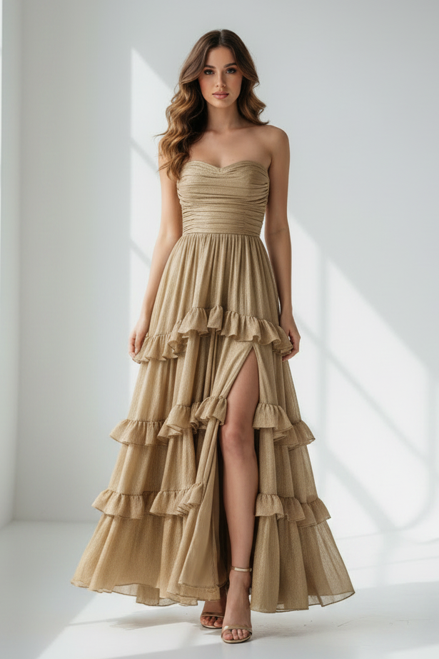 Champagne Ruched Ruffle Maxi