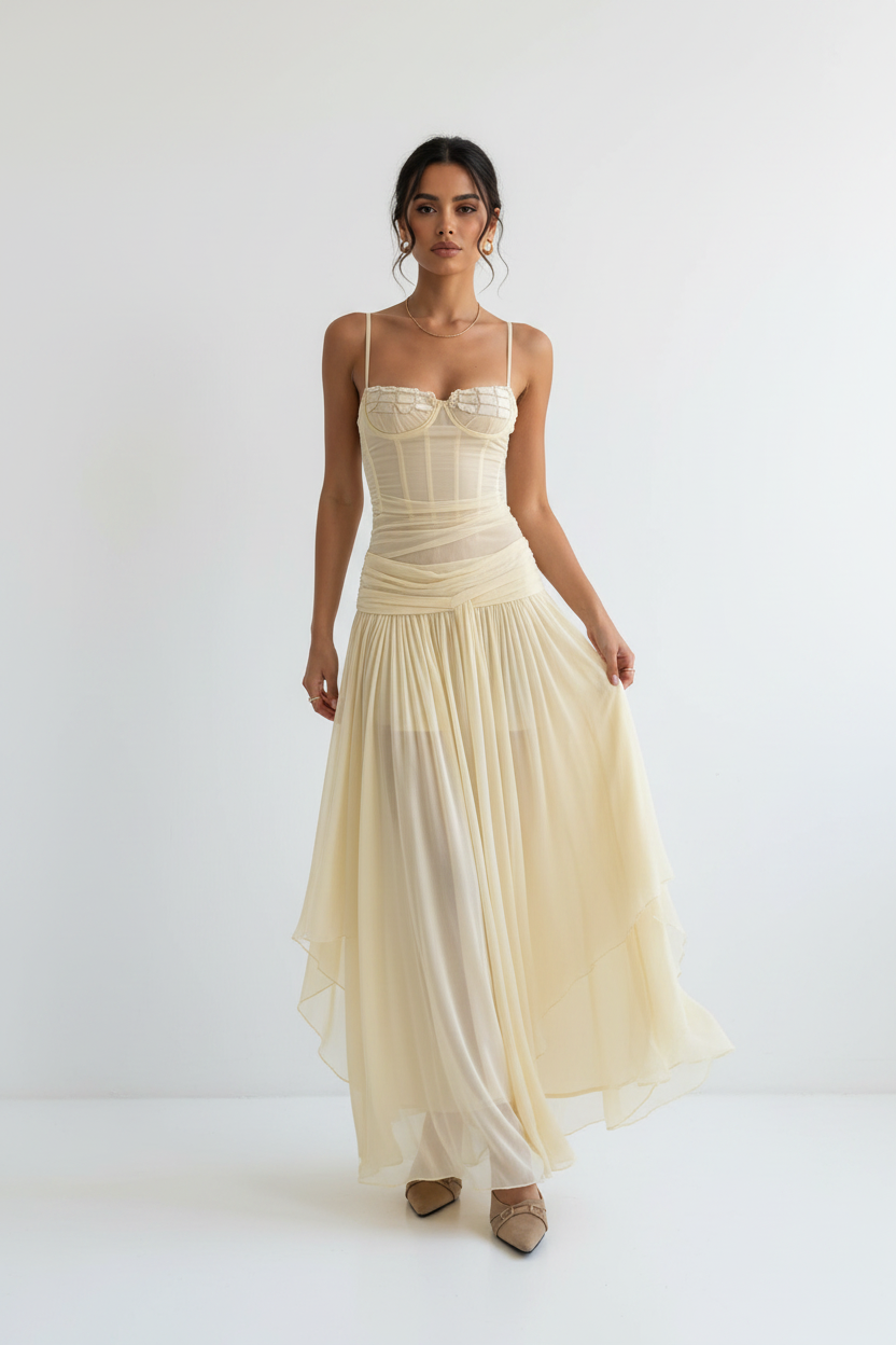 Cream Yellow Corset Dress - Arms Natural
