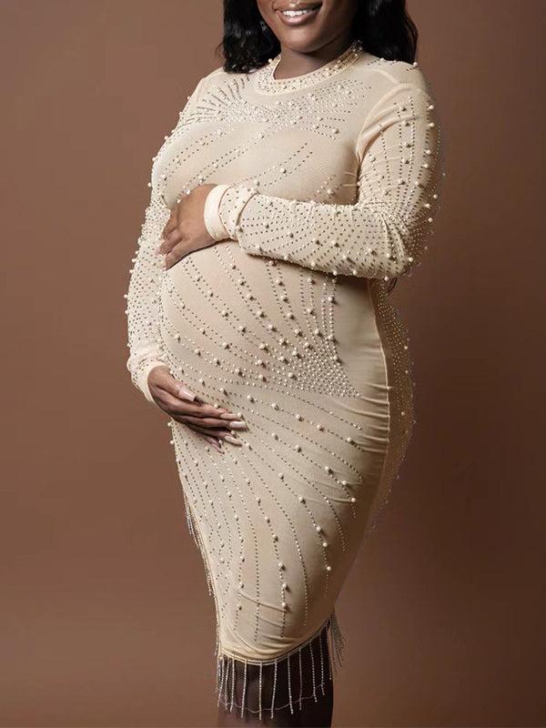 Apricot Diamonds Mesh Rhinestone Tassel Side Slit High Neck Sheer Elegant Maternity Photoshoot Midi Dress