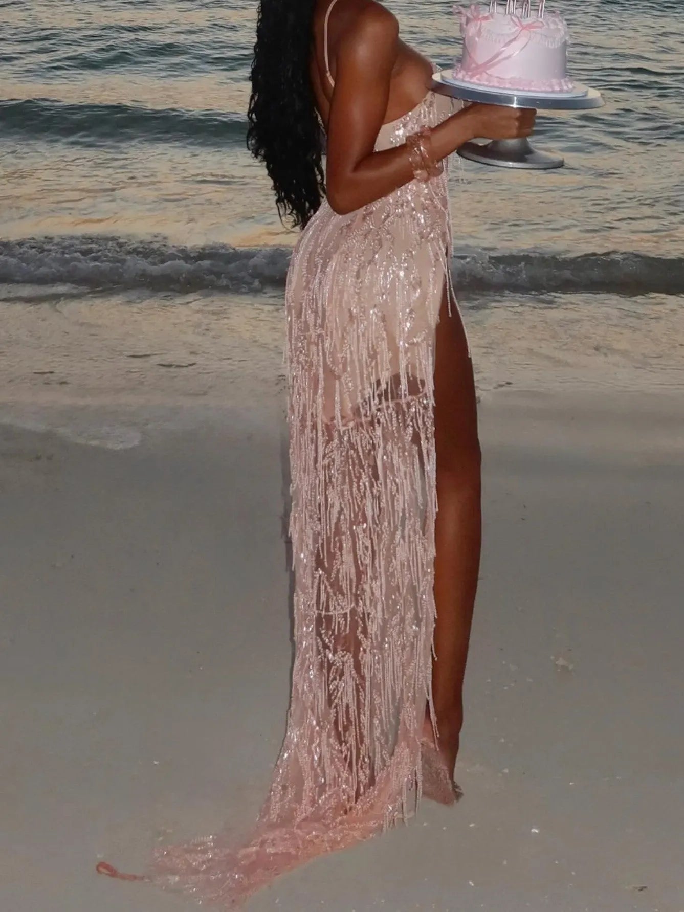 Sheer Beaded Fringe Detail Halter Maxi Dress